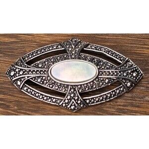 Vintage Geometric Silver Brooch with Yellow and Black Accents Art Deco Style